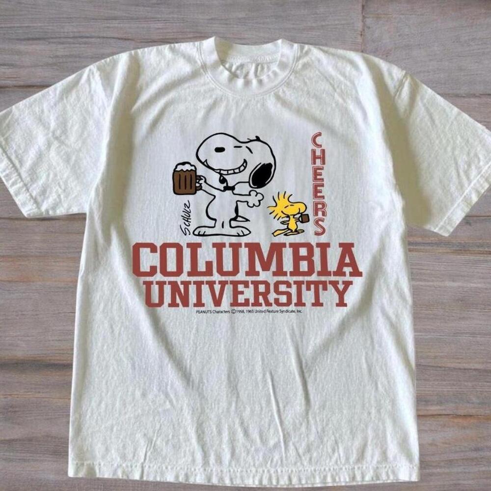 Gildan Men White T-Shirt, Snoopy Cheers Columbia University White T-Shirt